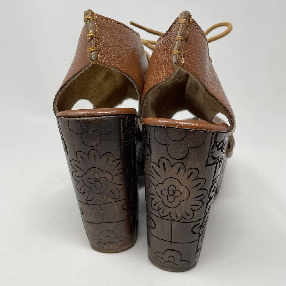 Free People Brown Leather Platform Sandals with Carved Wood-Effect Heel - Picture 6 of 8